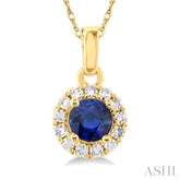 3.25 MM Round Sapphire and 1/20 Ctw Single Cut Diamond Halo Precious Pendant with Chain in 14K Yellow Gold